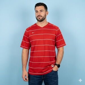 Vintage Nike Team Shirt Mens XL Red White Striped Y2K Gorpcore Athletic Swoosh